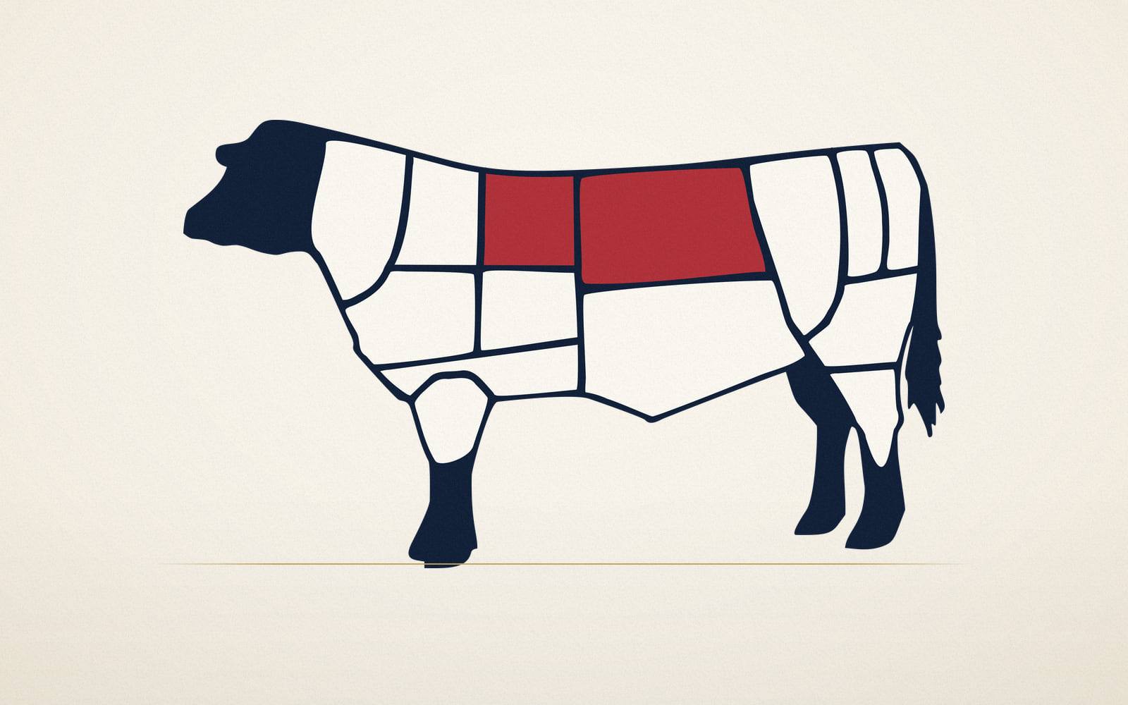 Beef cut chart, prime cuts in red