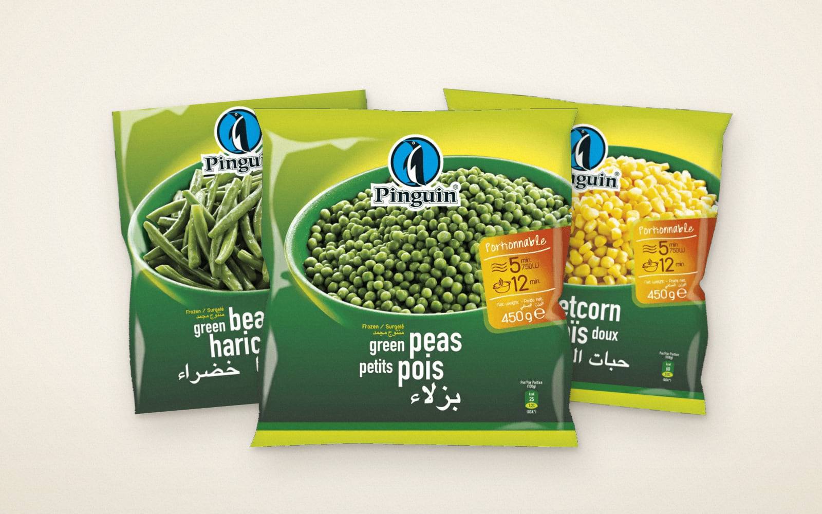 Sachets de légumes surgelés Pinguin : haricots verts, petits pois et maïs doux